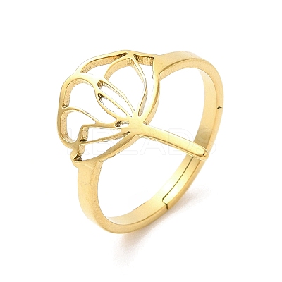 Ion Plating(IP) 304 Stainless Steel Hollow Lotus Adjustable Ring RJEW-L107-021G-1