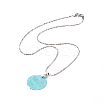 Natural Shell Flat Round Pendant Necklace with Round Snake Chains NJEW-JN04219-1