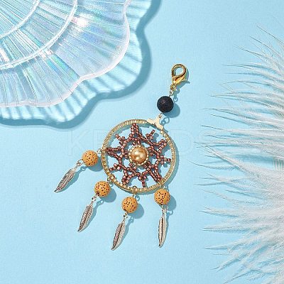 Woven Web/Net with Feather Glass Seed Beads Pendant Decorations HJEW-MZ00074-01-1
