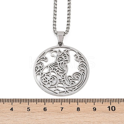 Ring with Cat Shape Pattern 201 Stainless Steel Pendant Necklaces for Men Women LS-NJEW-K283-13P-1