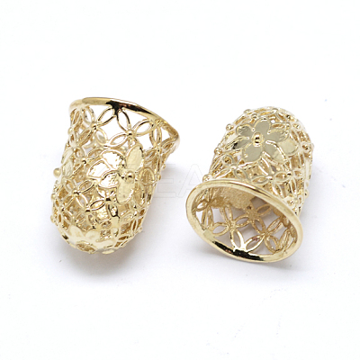 Hollow Bell with Flower Brass Cord Ends KK-M168-01G-1
