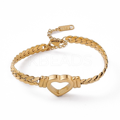 304 Stainless Steel Hollow Out Heart Link Bracelet with Cuban Link Chains for Women BJEW-P284-01G-1