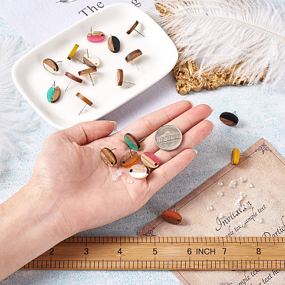 12Pairs 12 Colors Opaque Resin & Walnut Wood Stud Earring Findings MAK-CD0001-05-1