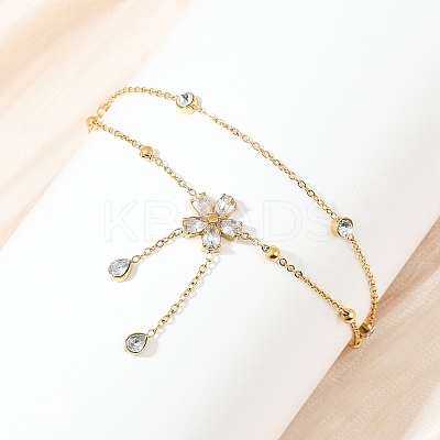 304 Stainless Steel Pave Clear Cubic Zirconia & Crystal Rhinestone Double Layer Flower Charm Anklets for Women AJEW-G069-02G-1