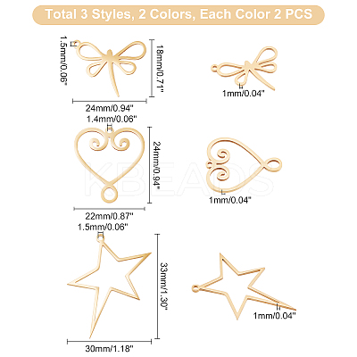12Pcs 6 Style 201 Stainless Steel Laser Cut Pendants STAS-DC0006-37-1