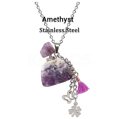 Natural Amethyst Perfume Bottle Pendant Necklace with Staninless Steel Butterfly Flower and Tassel Charms BOTT-PW0002-072J-1