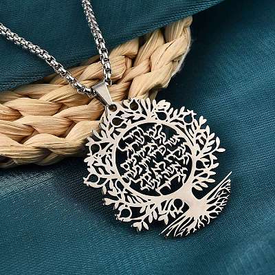 201 Stainless Steel Hollow Tree of Life Pendant Box Chain Necklaces LS-NJEW-M086-04P-1