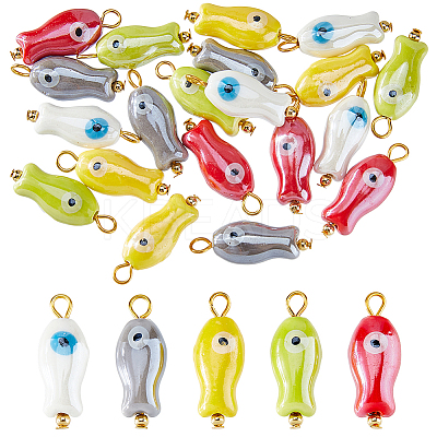 20Pcs 5 Colors Evil Eye Fish Shaped Glazed Porcelain Pendants PALLOY-HS00036-1