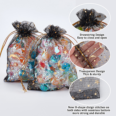 50Pcs Gold Stamping Moon & Star Organza Drawstring Gift Storage Bags OP-BBC0001-03A-02-1