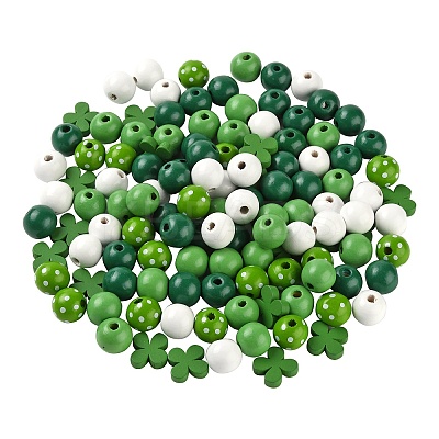 160Pcs 5 Style Irish Theme Painted Natural Wood Beads X1-WOOD-LS0001-48-1