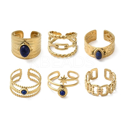 6Pcs 6 Style Teardrop & Star & Rectangle 304 Stainless Steel Open Cuff Rings Set RJEW-P092-01G-M-1