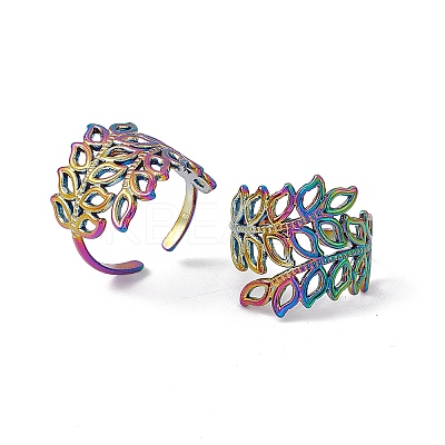 Ion Plating(IP) 304 Stainless Steel Hollow Out Leaf Open Cuff Ring for Women RJEW-C045-16M-1