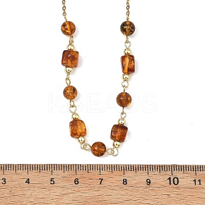 Natural Amber Round Cube Beads Link Chain Necklaces NJEW-JN06073-1