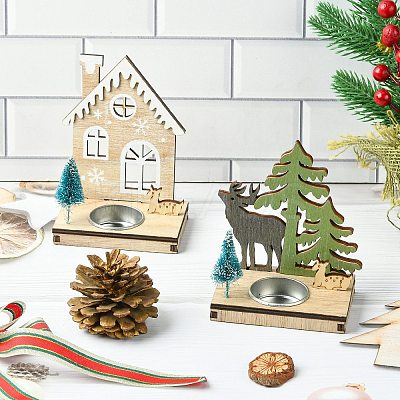 1 Set 2Pcs 2 Styles Christmas Wooden Candlestick Mixed Colors ST-CJ0040-002-1