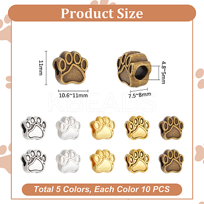 50Pcs 5 Colors Tibetan Style Zinc Alloy Dog Paw Prints European Beads MPDL-UN0001-02-1