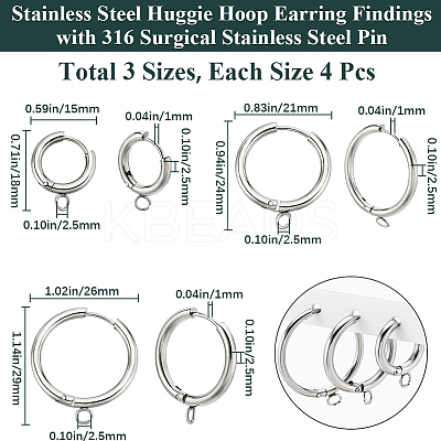 12Pcs 3 Style 201 Stainless Steel Huggie Hoop Earring Findings STAS-BBC0004-91P-1