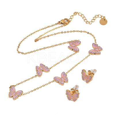 Butterfly 304 Stainless Steel Enamel Necklaces & Stud Earrings Setss for Women SJEW-K003-04G-1