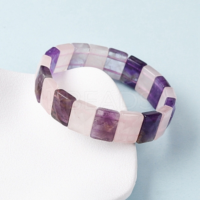 Rectangle Natural Amethyst & Rose Quartz  Beads Stretch Bracelets for Women Men BJEW-Z149-01E-1
