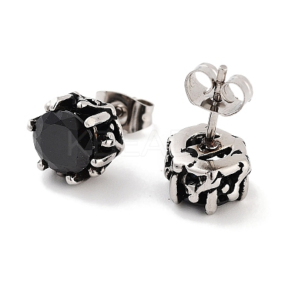 Round 316 Surgical Stainless Steel Pave Black Cubic Zirconia Stud Earrings for Women Men EJEW-Z050-11AS-1