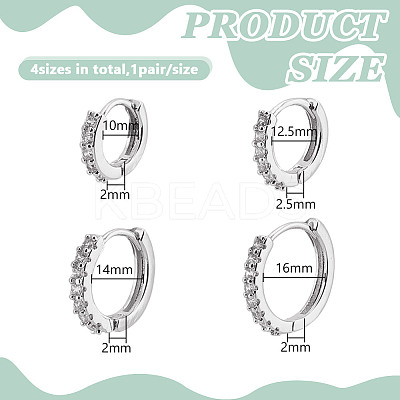 8Pcs 4 Styles Brass Clear Cubic Zirconia Hoop Earrings EJEW-DR0001-02S-1