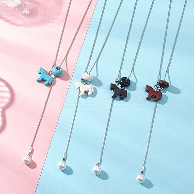 4Pcs 4 Color Dyed Synthetic Turquoise Horse with Shell Pearl Beads Pendant Necklaces NJEW-JN05895-1