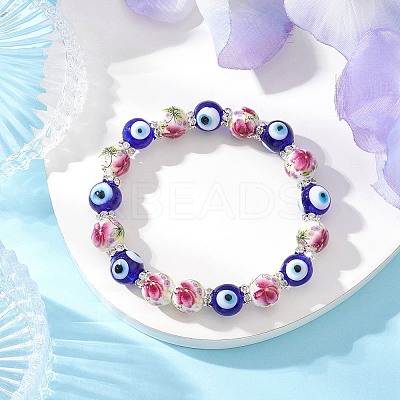 Handmade Flower Printed Porcelain Ceramic & Handmade Lampwork Evil Eye Beads Stretch Bracelets for Women BJEW-JB12105-02-1