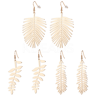3 Pairs 3 Style Alloy Leaf Long Dangle Earrings for Women EJEW-AN0001-73-1