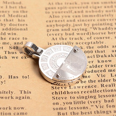 Tarnish Resistant Constellation/Zodiac Sign Leo Jewelry 304 Stainless Steel Flat Round Pendants STAS-E093-30P-1