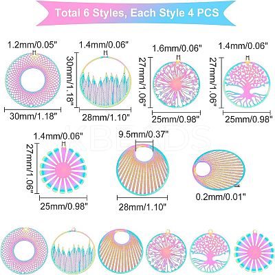 24Pcs 6 Style Ion Plating(IP) 201 Stainless Steel Filigree Pendants STAS-UN0033-12-1