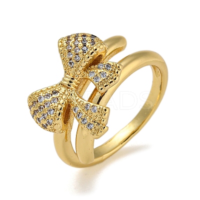 Bowknot Brass Micro Pave Clear Cubic Zirconia Double Rings RJEW-Z050-25G-1