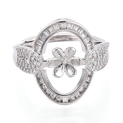 Oval Brass Micro Pave Clear Cubic Zirconia Adjustable Ring Settings KK-T076-69P-1