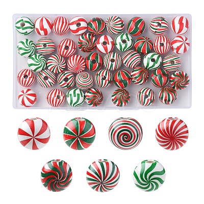 42Pcs 7 Colors Christmas Theme Printed Natural Wooden Beads WOOD-FS0001-04-1