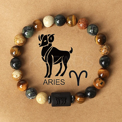 12 Constellations Natural Tiger Eye & Picture Jasper Round Beaded Stretch Bracelets for Men Women WG21EC3-01-1
