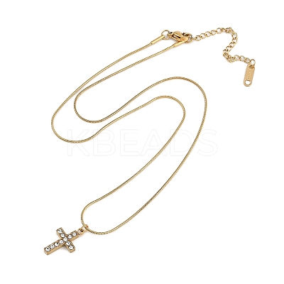 PVD Vacuum Plating 304 Stainless Steel Crystal Rhinestone Cross Pendant Round Snake Chain Necklaces for Women NJEW-Z044-05G-1