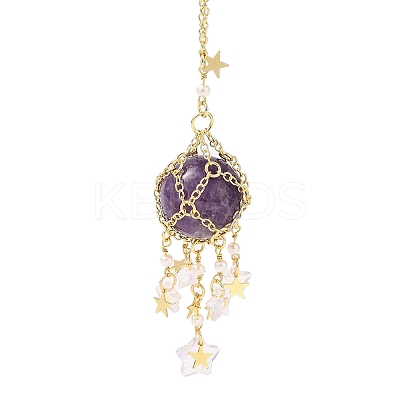 Natural Amethyst with Rack Plating Brass Pendants Decorations AJEW-B023-01G-05-1
