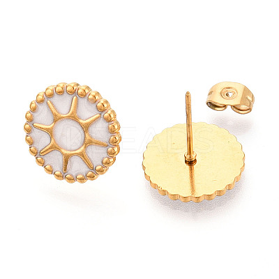 Flat Round with Sun 304 Stainless Steel Enamel Stud Earrings EJEW-T047-17G-B-1