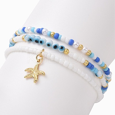 3Pcs 3 Style Glass Seed & ABS Plastic Pearl & Evil Eye Beaded Stretch Bracelets Set BJEW-JB09358-1