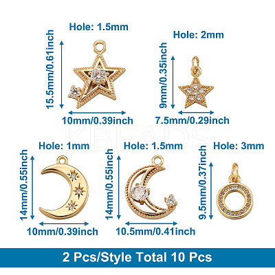 10Pcs 5 Style Brass Micro Pave Clear Cubic Zirconia Pendants ZIRC-BT0001-01G-1
