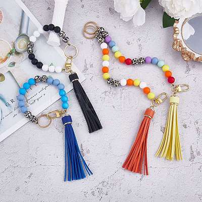 Silicone Round Beaded Keychain with Imitation Leather Tassel KEYC-SW00005-01-1