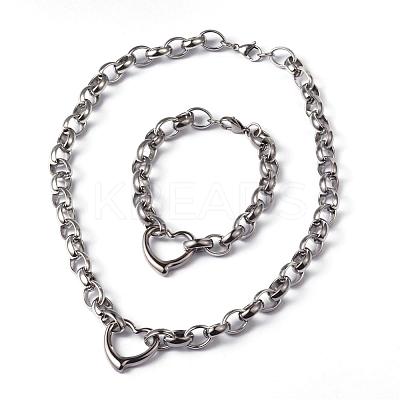 Tarnish Resistant Heart 304 Stainless Steel Link Necklaces and Bracelets Jewelry Sets SJEW-F132-08P-1