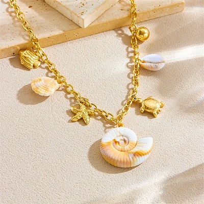 304 Stainless Steel Starfish Fish Shell Shape Pendant Necklaces for Women NJEW-F347-01A-1