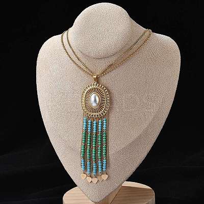 Bohemian 304 Stainless Steel & Imitation Pearl Oval Pendant Necklaces NJEW-Z061-10G-01-1