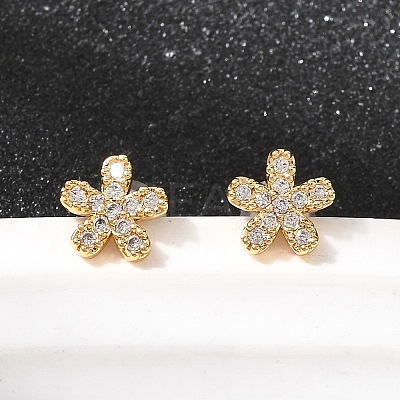 Flower Brass Micro Pave Clear Cubic Zirconia Stud Earrings EJEW-P331-12G-1