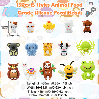 15Pcs 15 Styles Animal Food Grade Silicone Focal Beads SIL-CJ0002-74-1