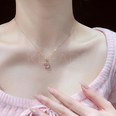 Flat Round Brass Pave Natural Rose Quartz Pendant Necklaces for Women WG46560-02-1