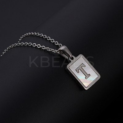 Rectangle Stainless Steel Pave Natural White Shell Pendant Necklaces FS-WG3D812-20-1