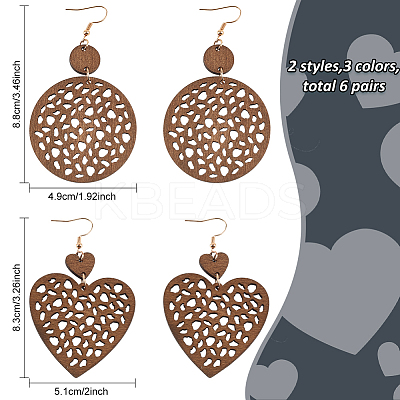 6 Pairs 6 Styles Wood Dangle Earrings with Iron Earring Pins EJEW-AN0004-60-1