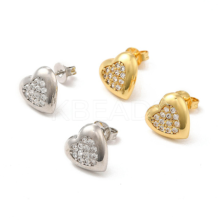 Rack Plating Brass Micro Pave Clear Cubic Zirconia Heart Stud Earrings EJEW-F301-20-1