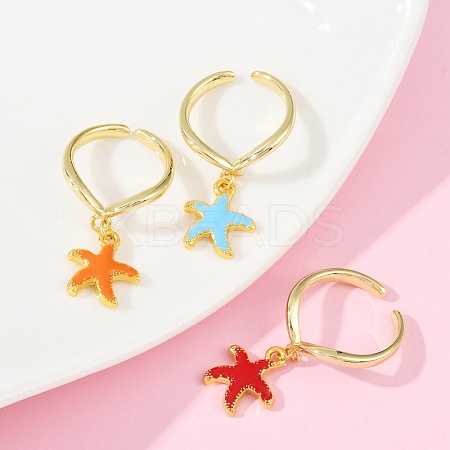 Starfish Brass Enamel Open Cuff Rings for Women RJEW-U057-03G-1