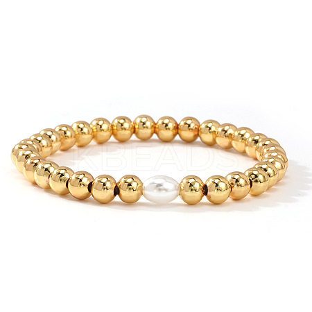 Brass & Plastic Imitation Pearl Round Beads Stretch Bracelets for Women TJ3268-3-1